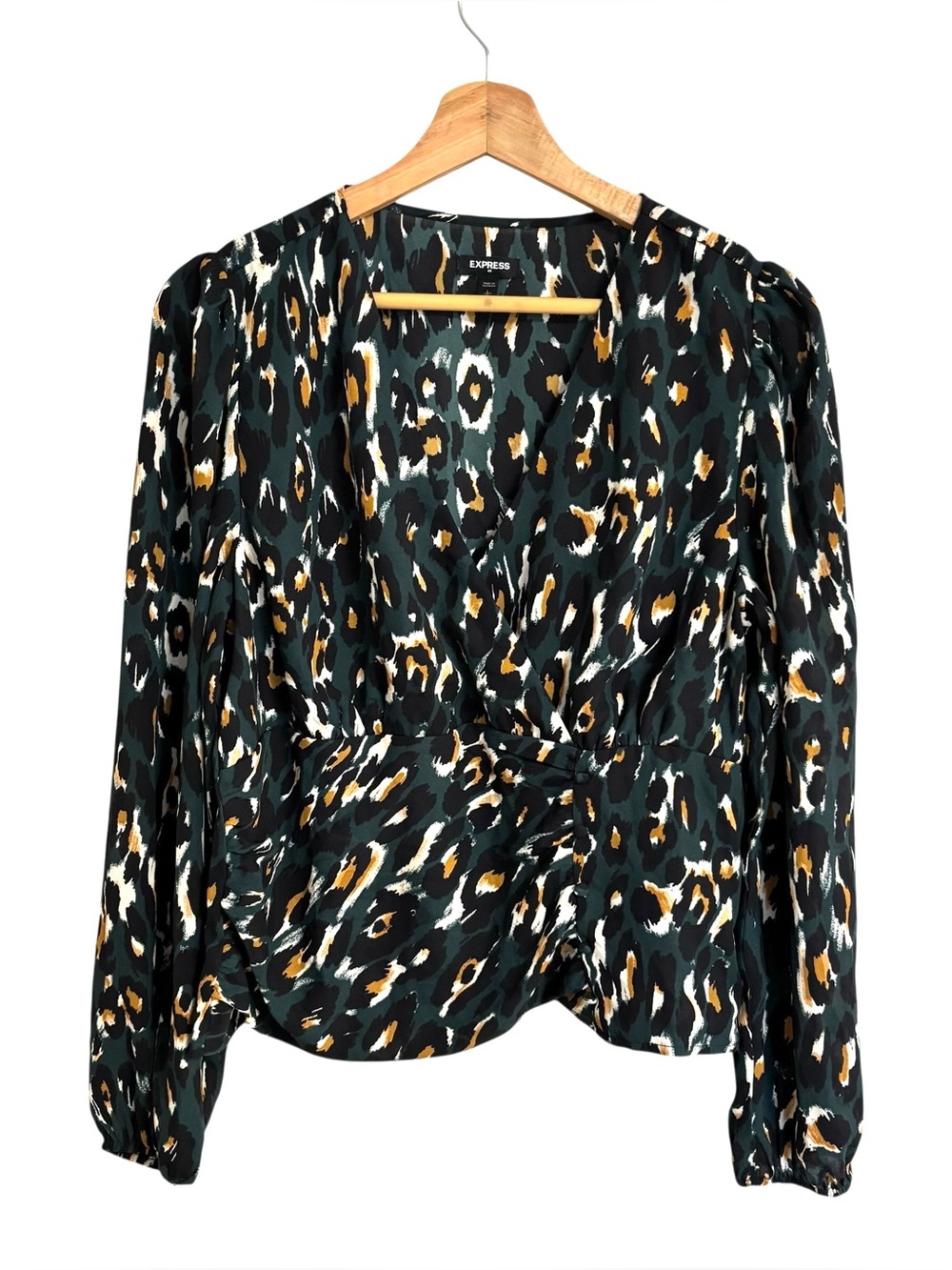 Express dark green animal print surplice puff shoulder blouse side zip size L